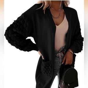 NWOT Women's Black Cardigan Sweater with Textured Sleeves and Pockets Size Small